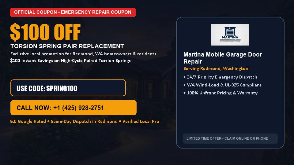 $100 OFF Dual High-Cycle Torsion Spring Replacement in Redmond, WA - Martina Mobile Garage Door Repair