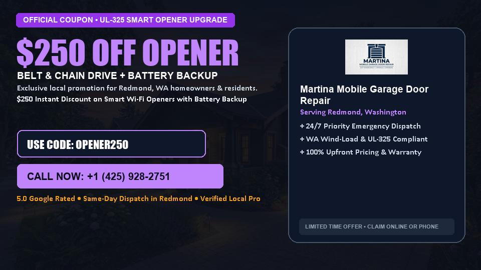 $250 OFF Smart Wi-Fi Garage Door Opener Installation in Redmond, WA - Martina Mobile Garage Door Repair