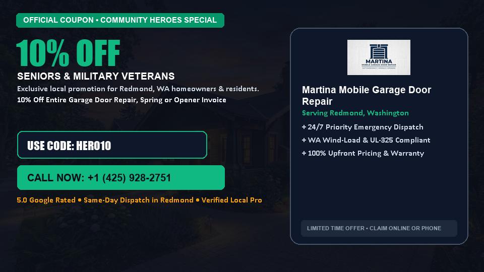 10% OFF Senior, Military & First Responder Discount in Redmond, WA - Martina Mobile Garage Door Repair