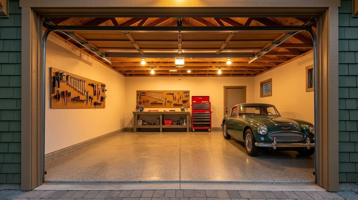 Martina Mobile Garage Door Repair Interior View of Custom Garage Door Overhead and Workshop